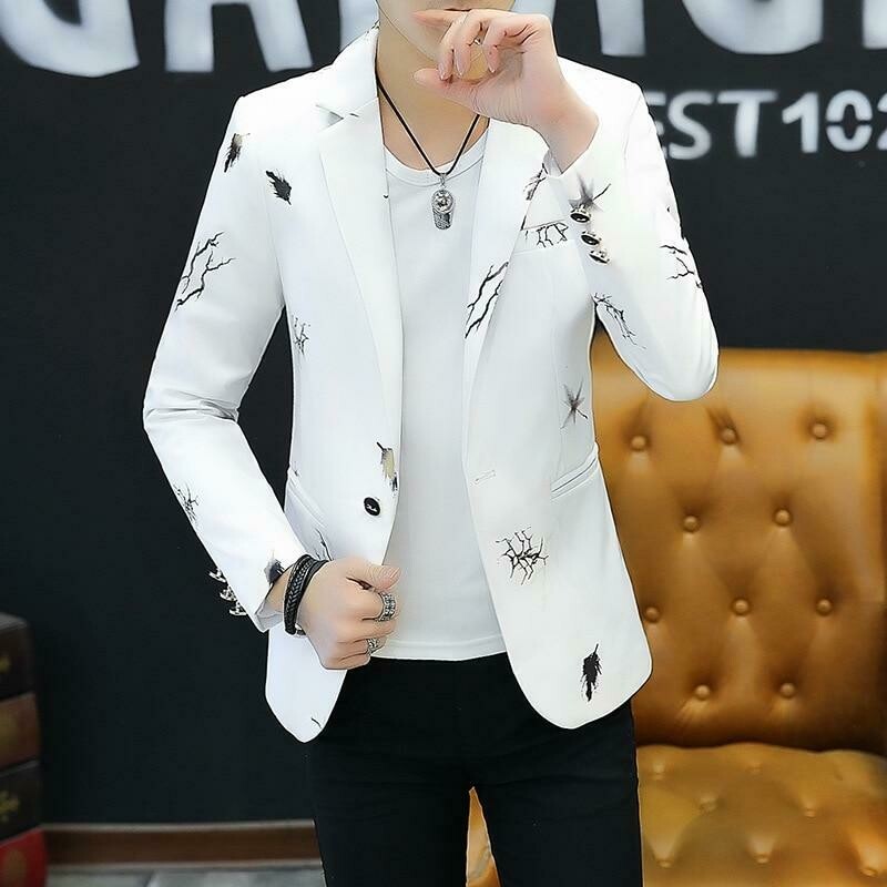 HOO 2021 Youth Slim blazer Men Fashion Casual Spring Print suit jacket