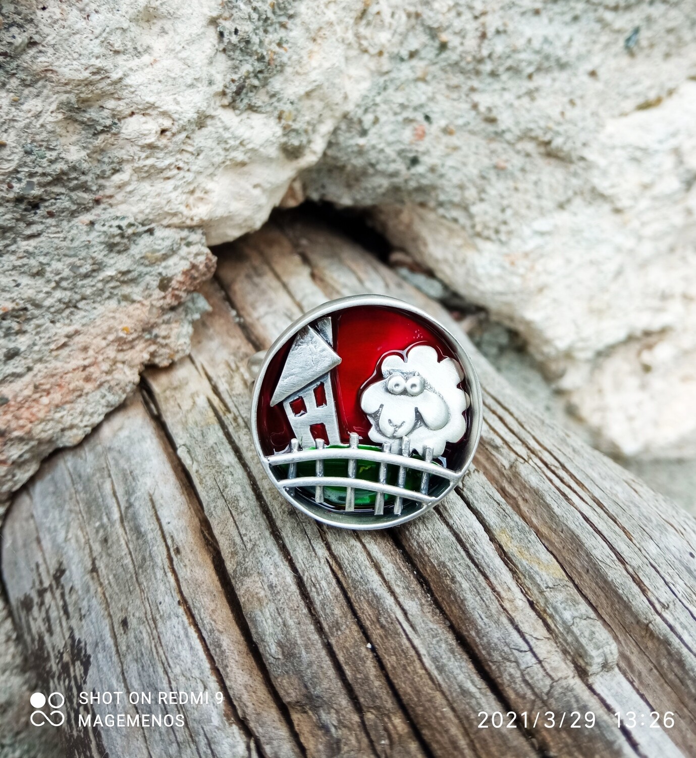 Ring silver enamel sheep