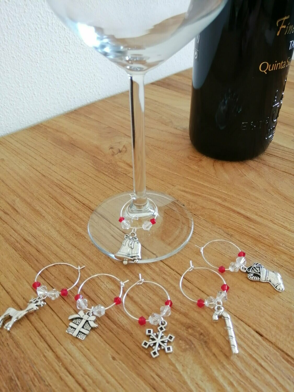 Wijnglasring Kerst 3 zilver-rood