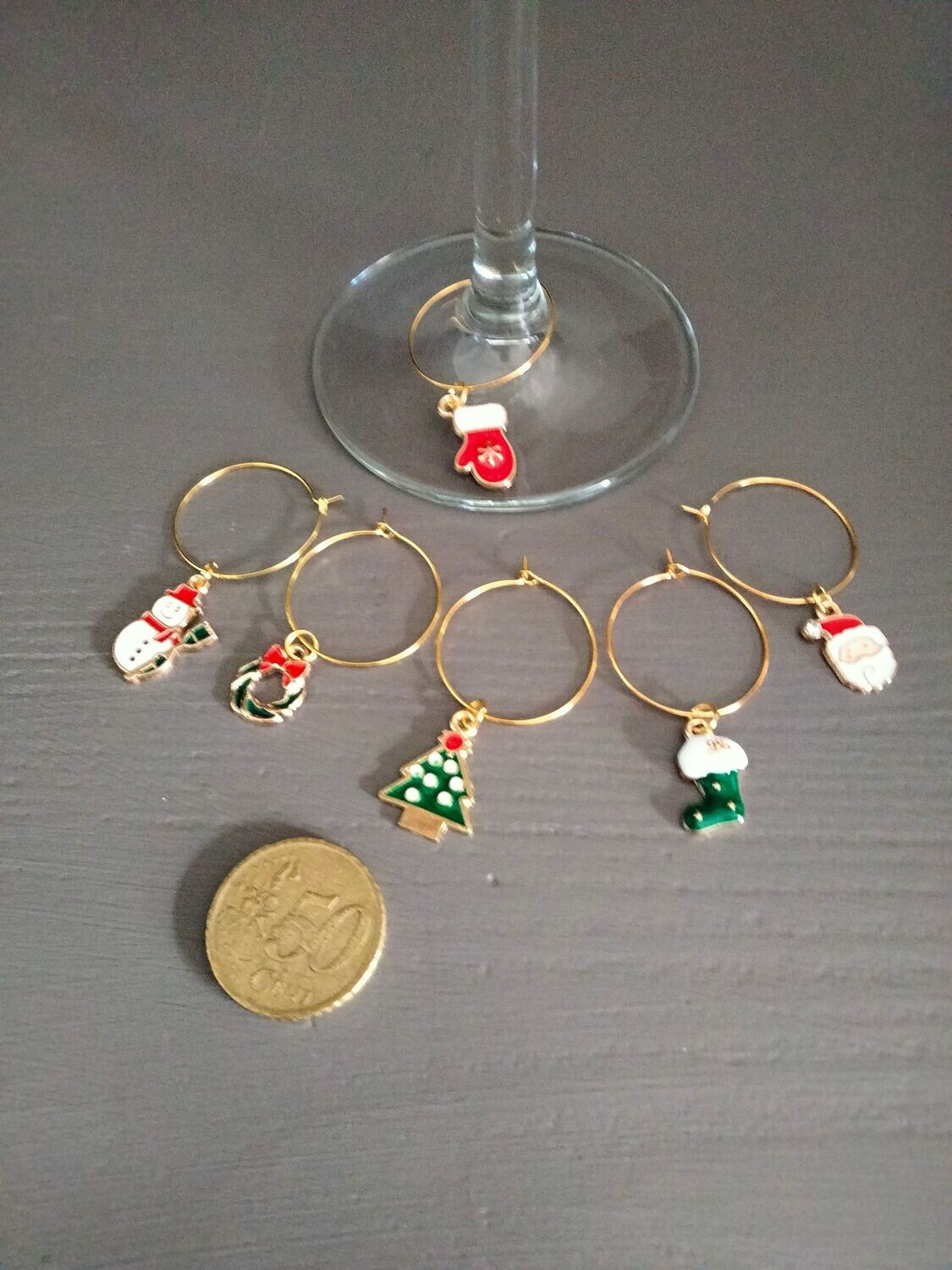 Wijnglasring Kerst 9 goudkleur, 6 delig