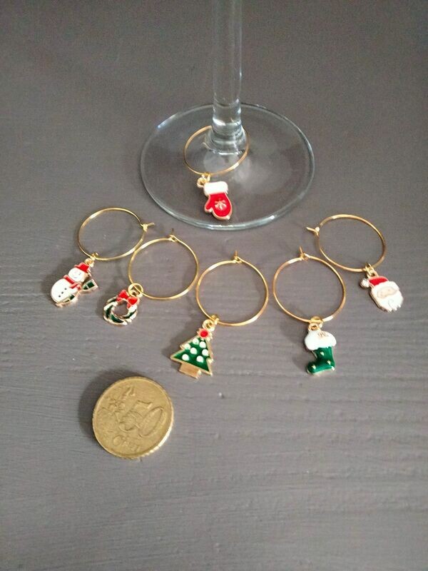 Wijnglasring Kerst 9 goudkleur, 6 delig