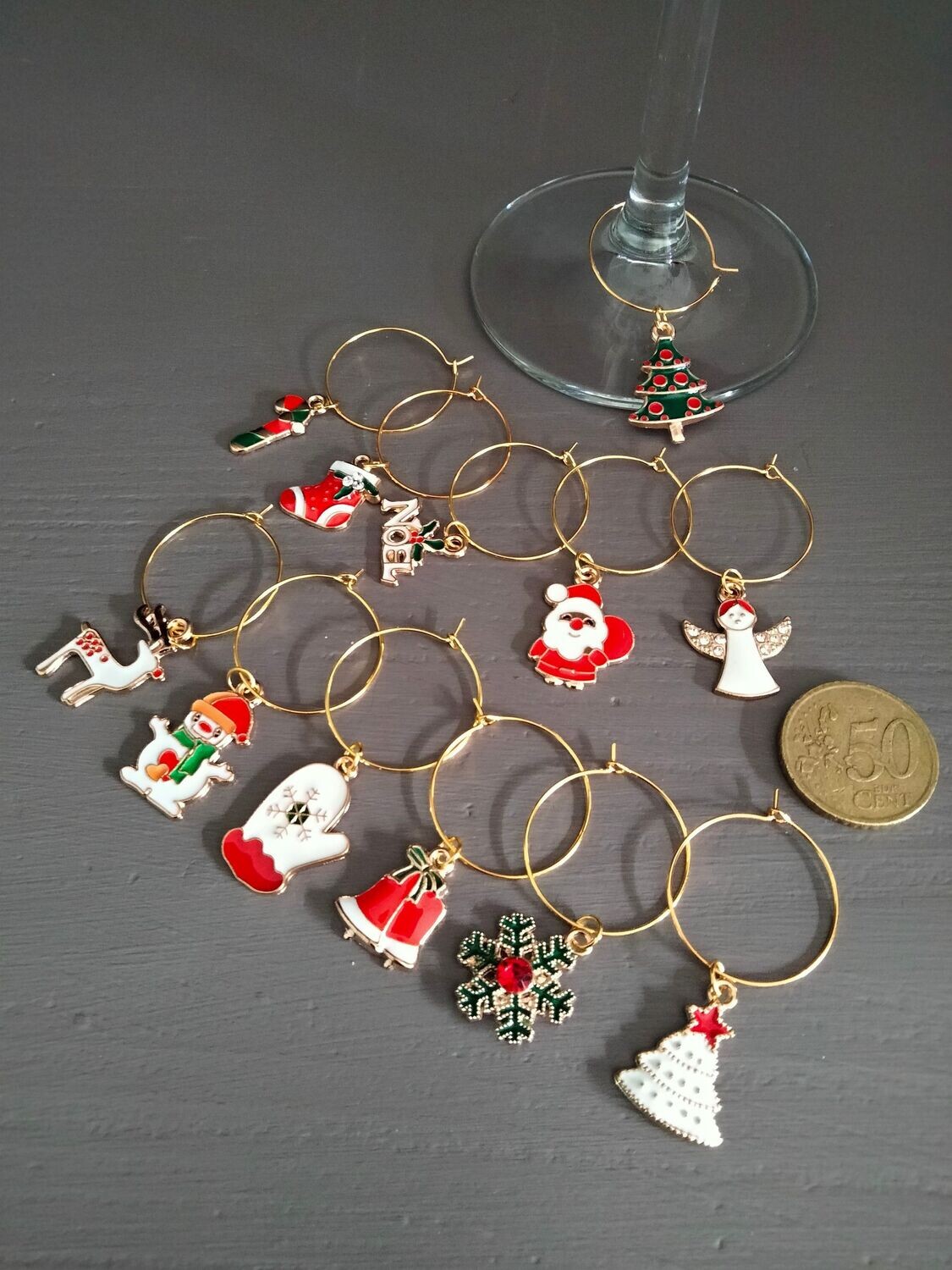 Wijnglasring Kerst 9 goudkleur, 12 delig