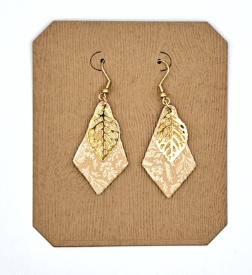 Handmade Diamond Faux Leather Earrings with Gold Feather Charm