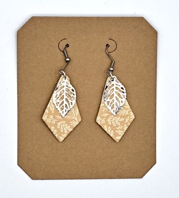 Handmade Diamond Faux Leather Earrings with Silver Feather Charm