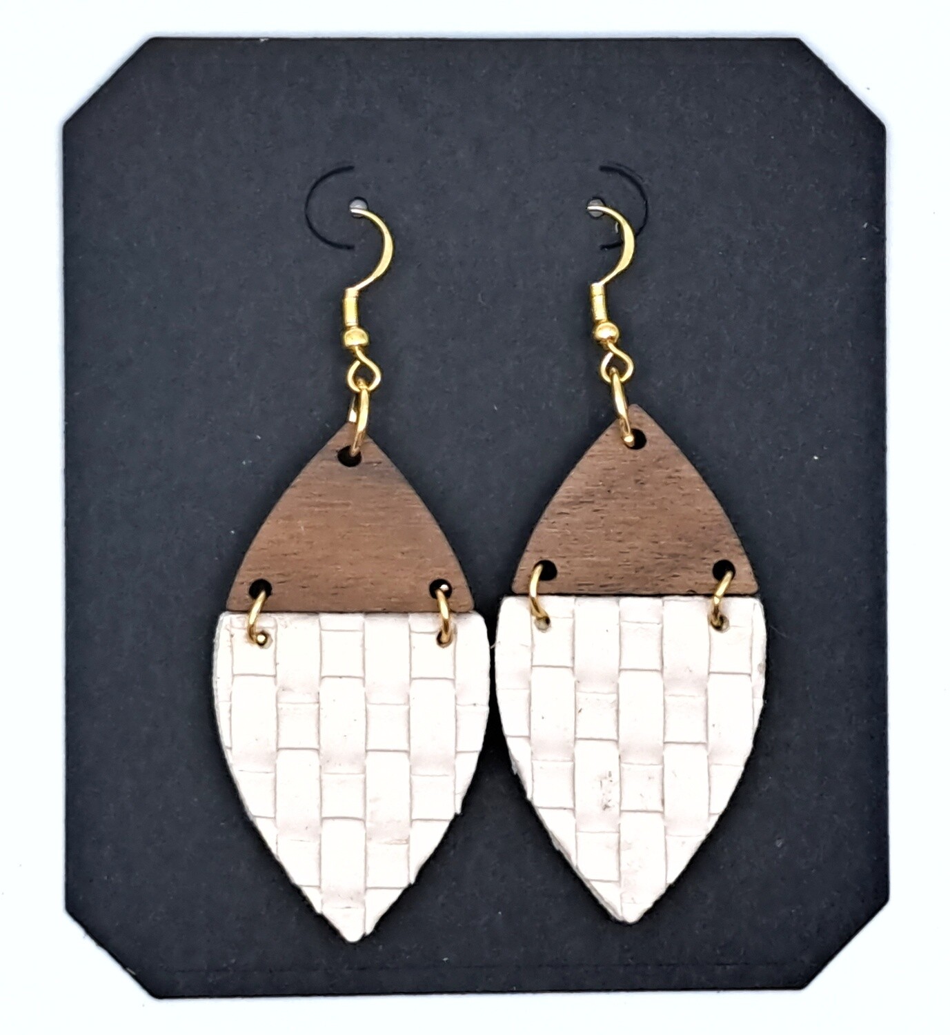 Handmade Woven Faux Leather, Wooden Triangular Shaped Earrings