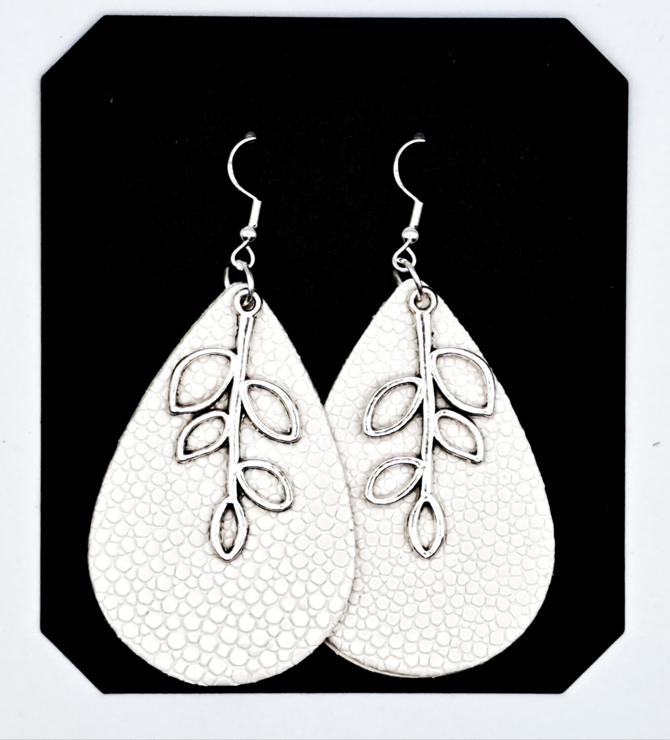 Handmade Faux Leather Large Teardrops/Silver Charm Earrings