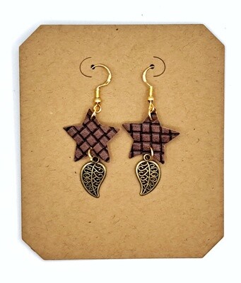 Handmade Faux Leather Stars with Leaf Charms Earrings Handmade Faux Leather Stars with Leaf Charms Earrings