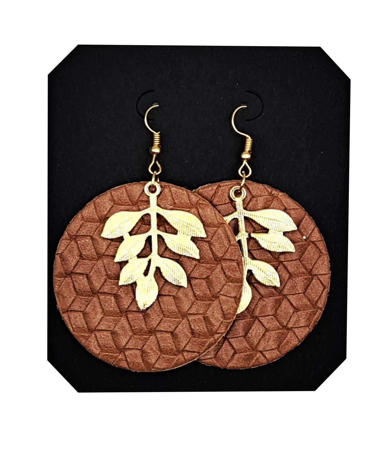 Handmade Brown Faux Leather Large Circular with Gold Charms Earrings