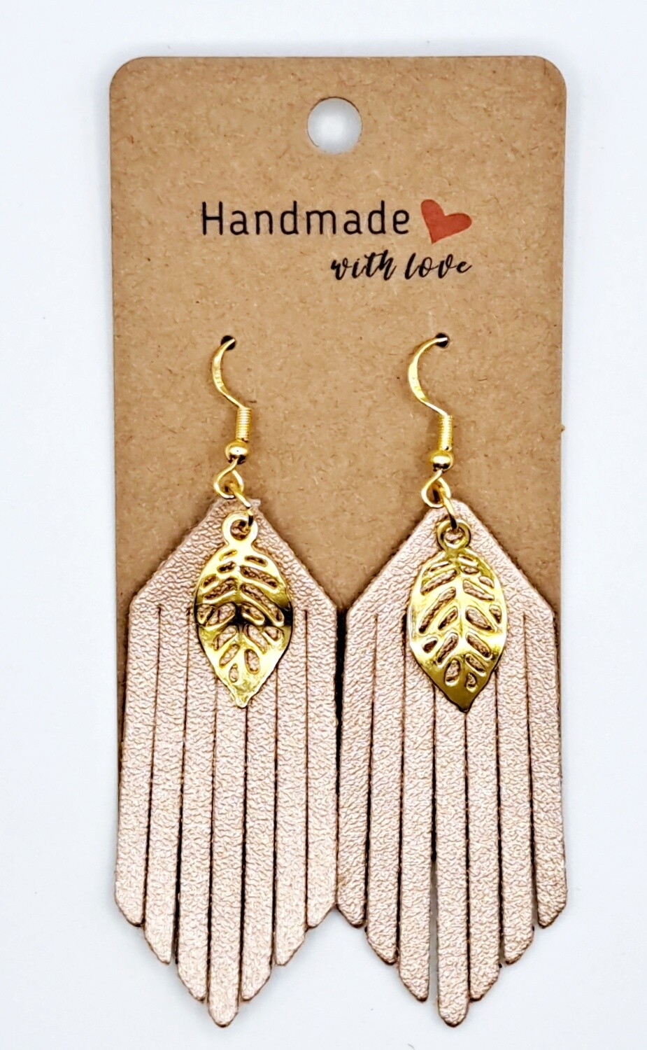 Handmade Fringe Faux Leather with Gold Charm Earrings