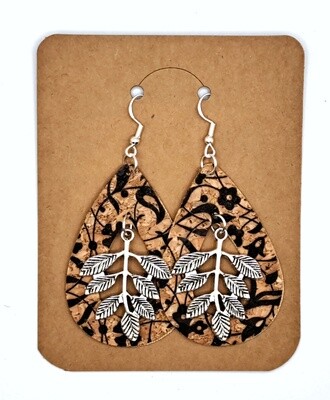 Handmade Faux Leather Teardrop Cut-out with Silver Leaves Charm Earrings