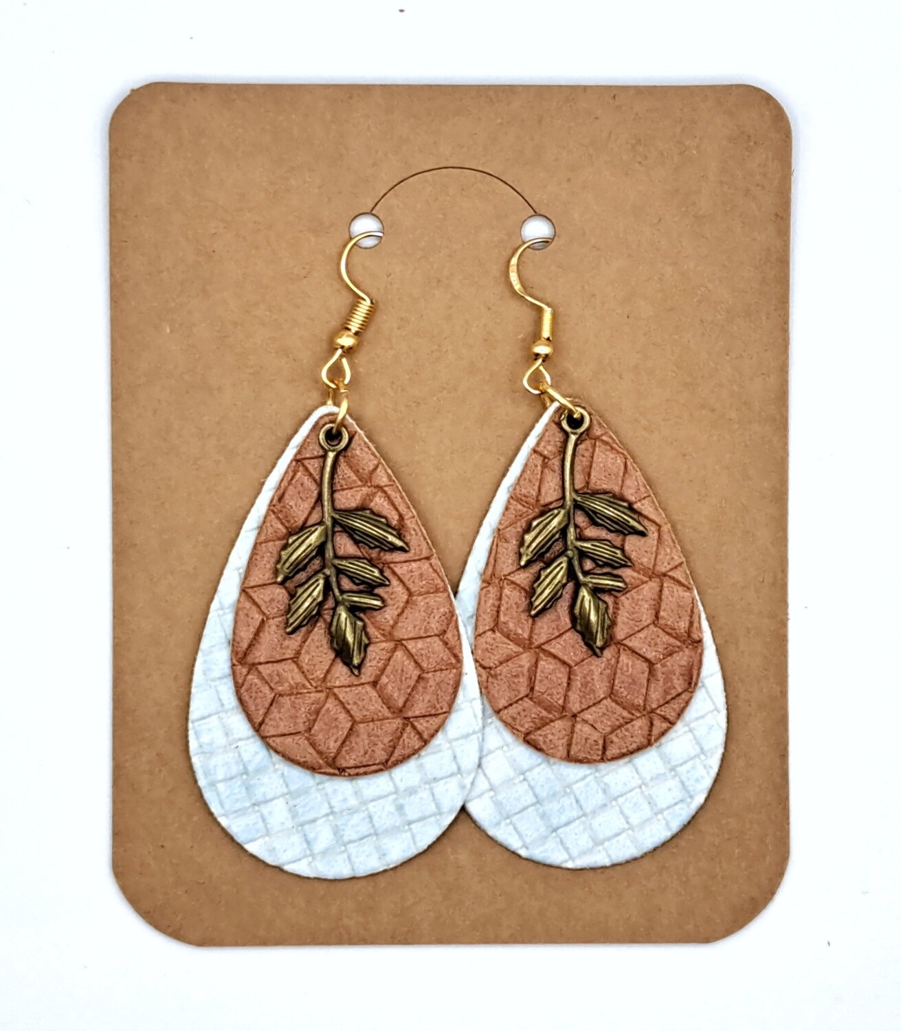 Handmade Faux Layered Brown/Blue Leather Teardrop with Antique Bronze Leaves Charm Earrings