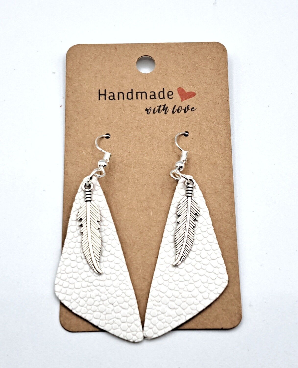 Handmade Asymmetric Faux Leather Earrings with Silver Feather Charm #4