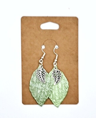 Handmade Green Faux Leather Leaf with Silver Charms Earrings