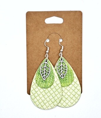 Handmade Layered Green Faux Leather Teardrops with Silver Leaf Charms Earrings #2