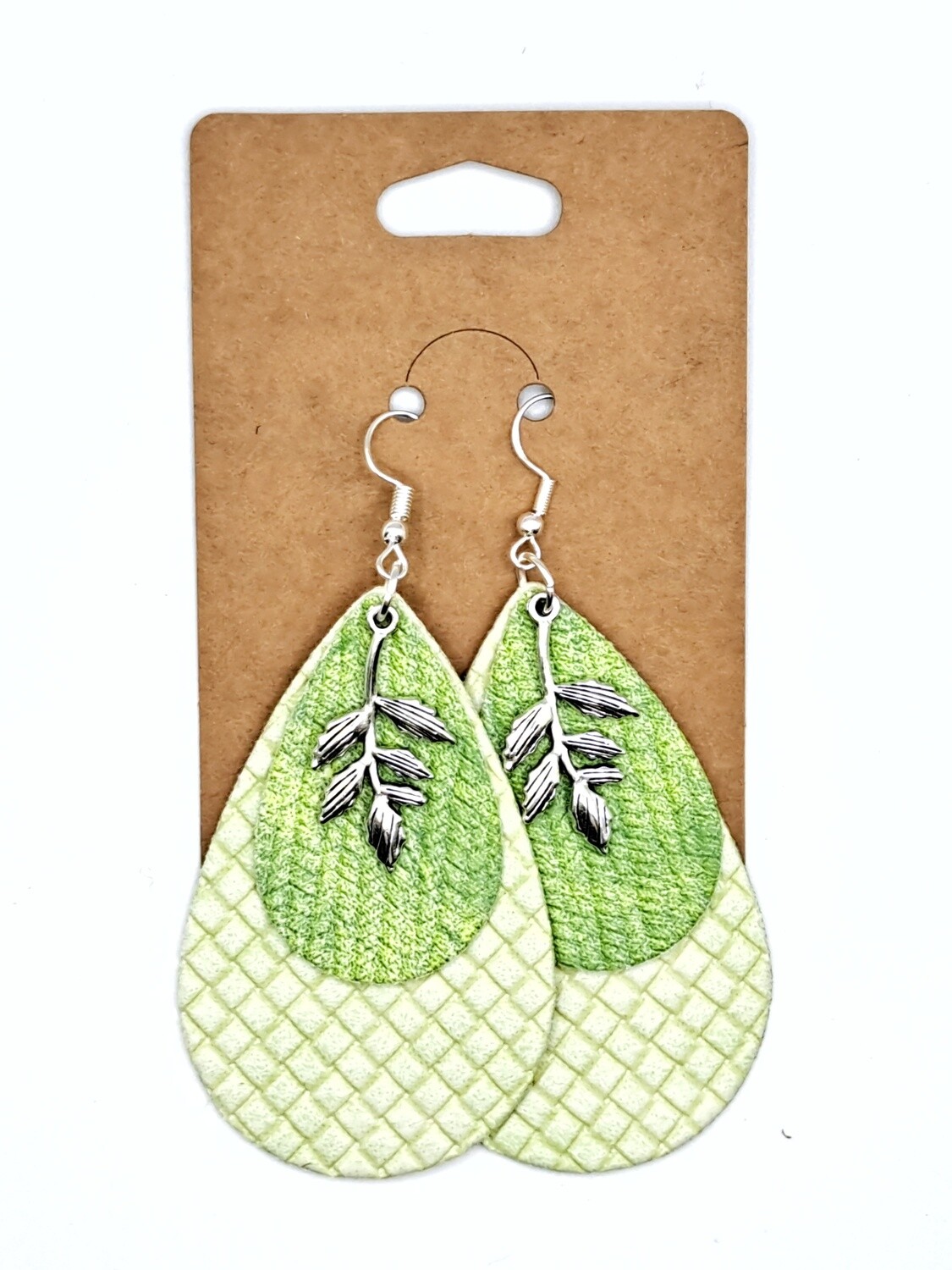Handmade Layered Green Faux Leather Teardrops with Silver Leaf Charms Earrings #1
