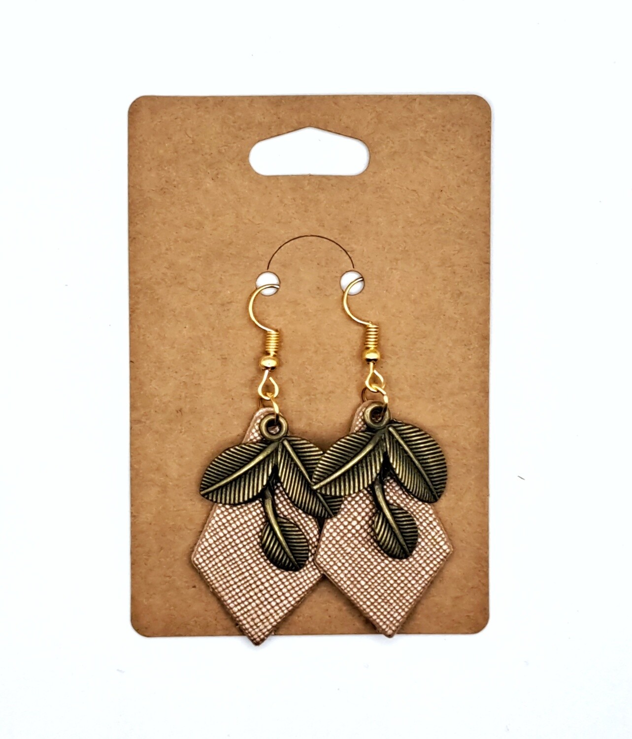 Handmade Diamond Shaped Faux Leather with Antique Bronze Leaves Charms Earrings