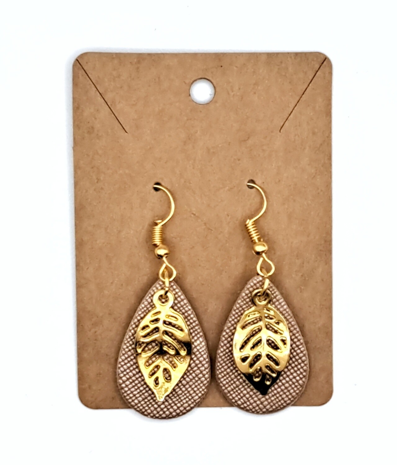 Handmade Faux Leather Teardrop with Gold Leaf Charms Earrings