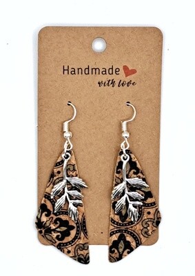 Handmade Asymmetric Cork Faux Leather with Silvertone Leaves Charms Earrings