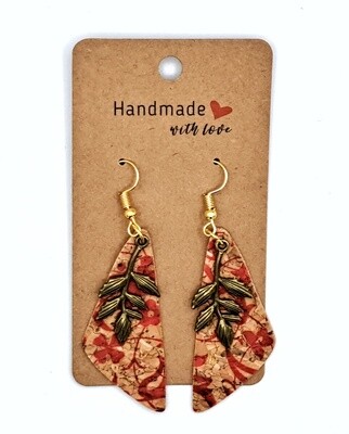 Handmade Asymmetric Red Cork Faux Leather with Antique Bronze Leaves Charms Earrings