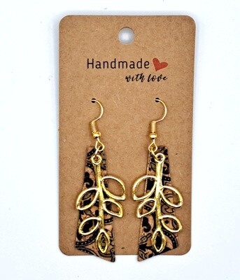 Handmade Asymmetric Cork Faux Leather with Gold Leaves Charms Earrings