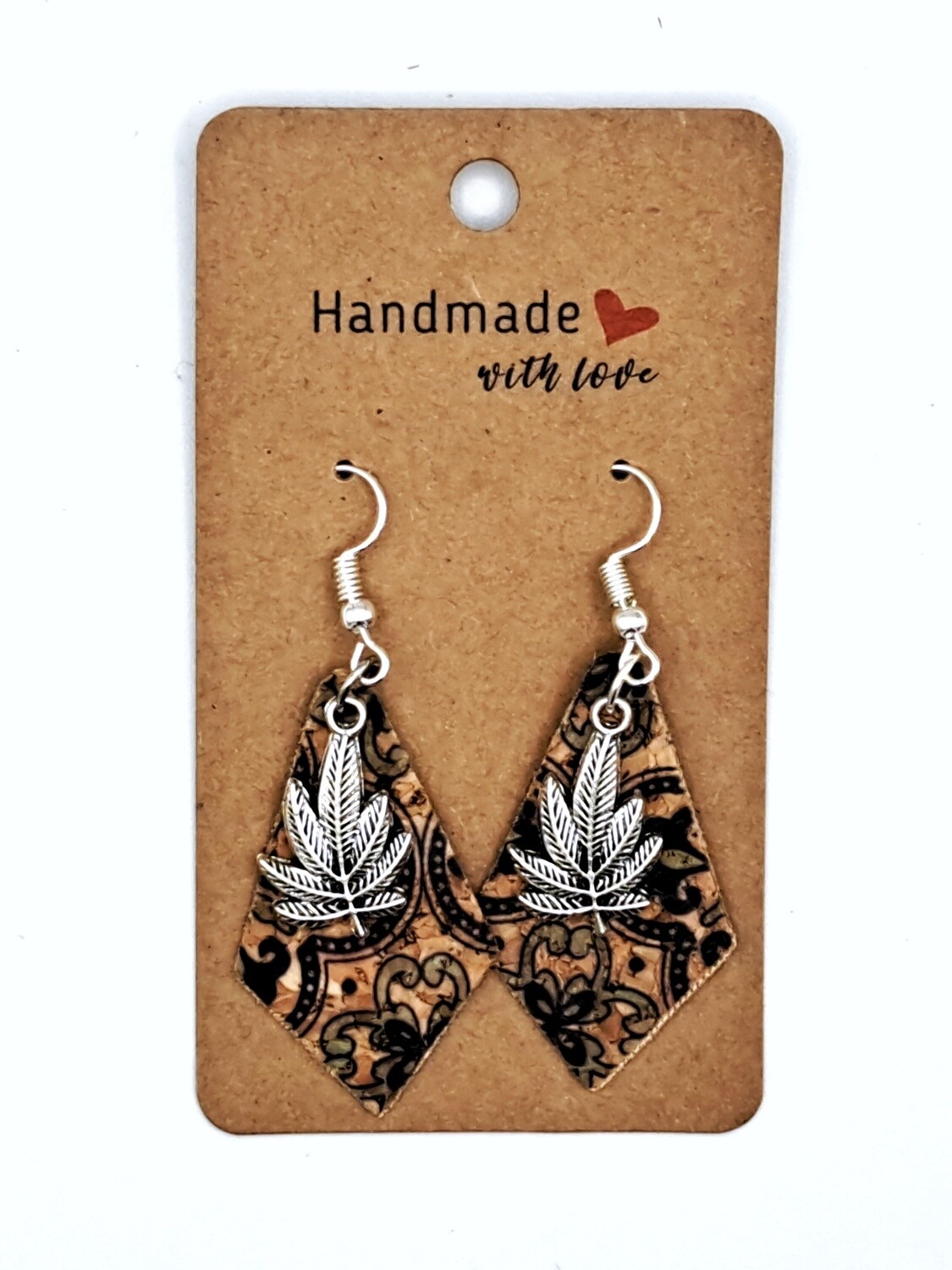 Handmade Diamond Shaped Cork Faux Leather with Silvertone Leaves Charms Earrings