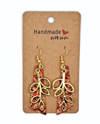 Handmade Asymmetric Red Cork Faux Leather with Gold Leaves Charms Earrings