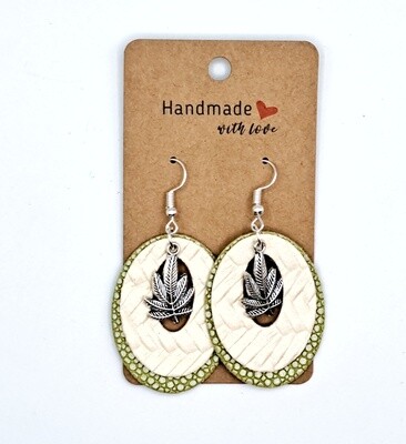 Handmade Layered Hoops Cream/Green Faux Leather with Silver Leaf Charms Earrings
