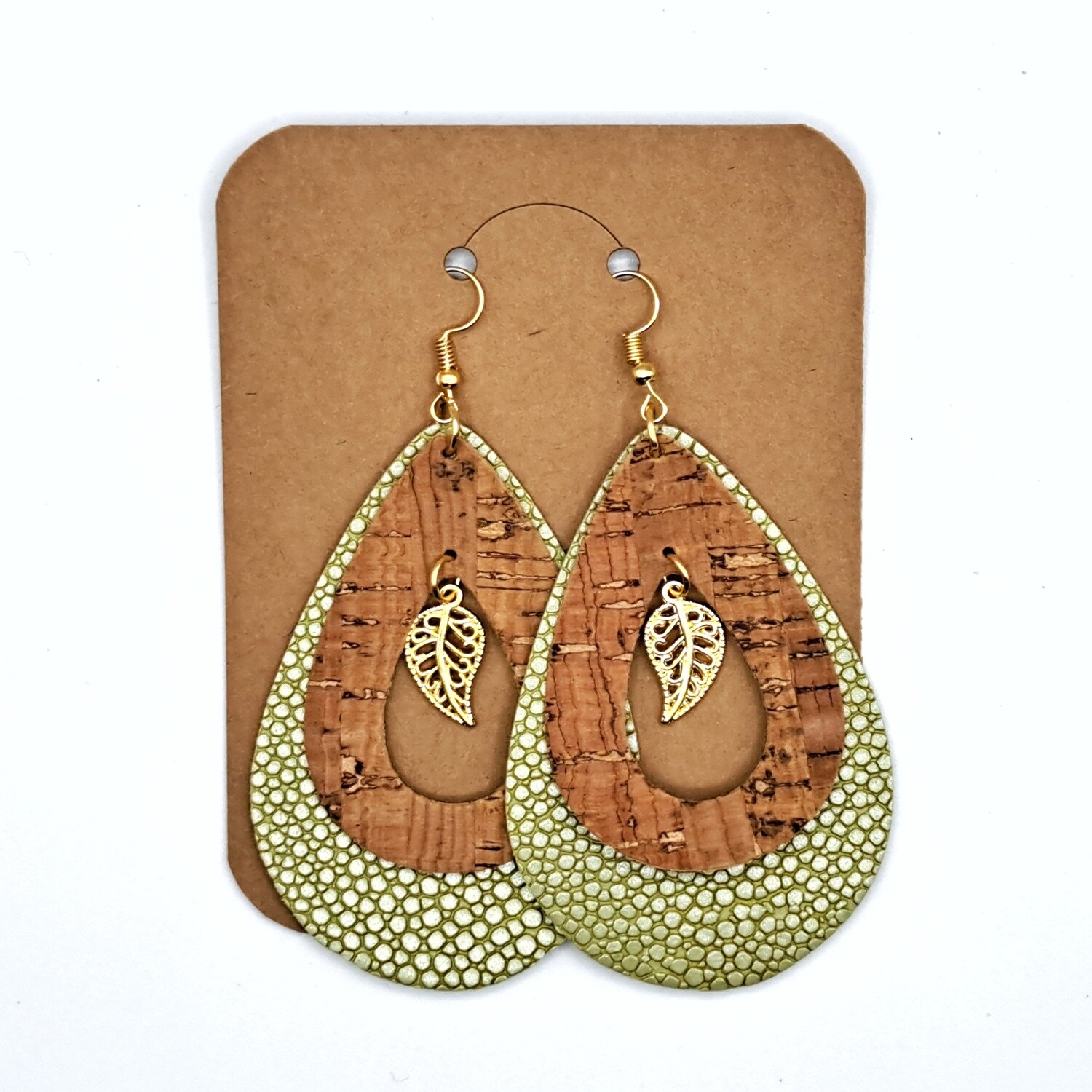 Handmade Layered Hoops Brown Cork/Green Faux Leather with Gold Leaf Charms
