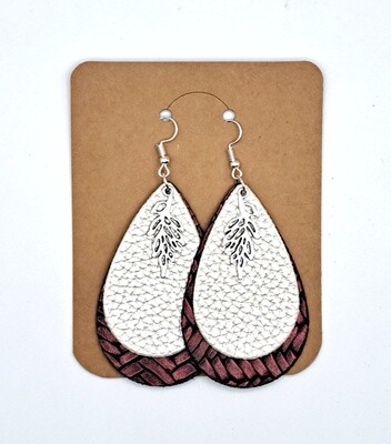 Handmade Layered Silver Metallic over Red Faux Leather Teardrop w/Silver Charms Earrings