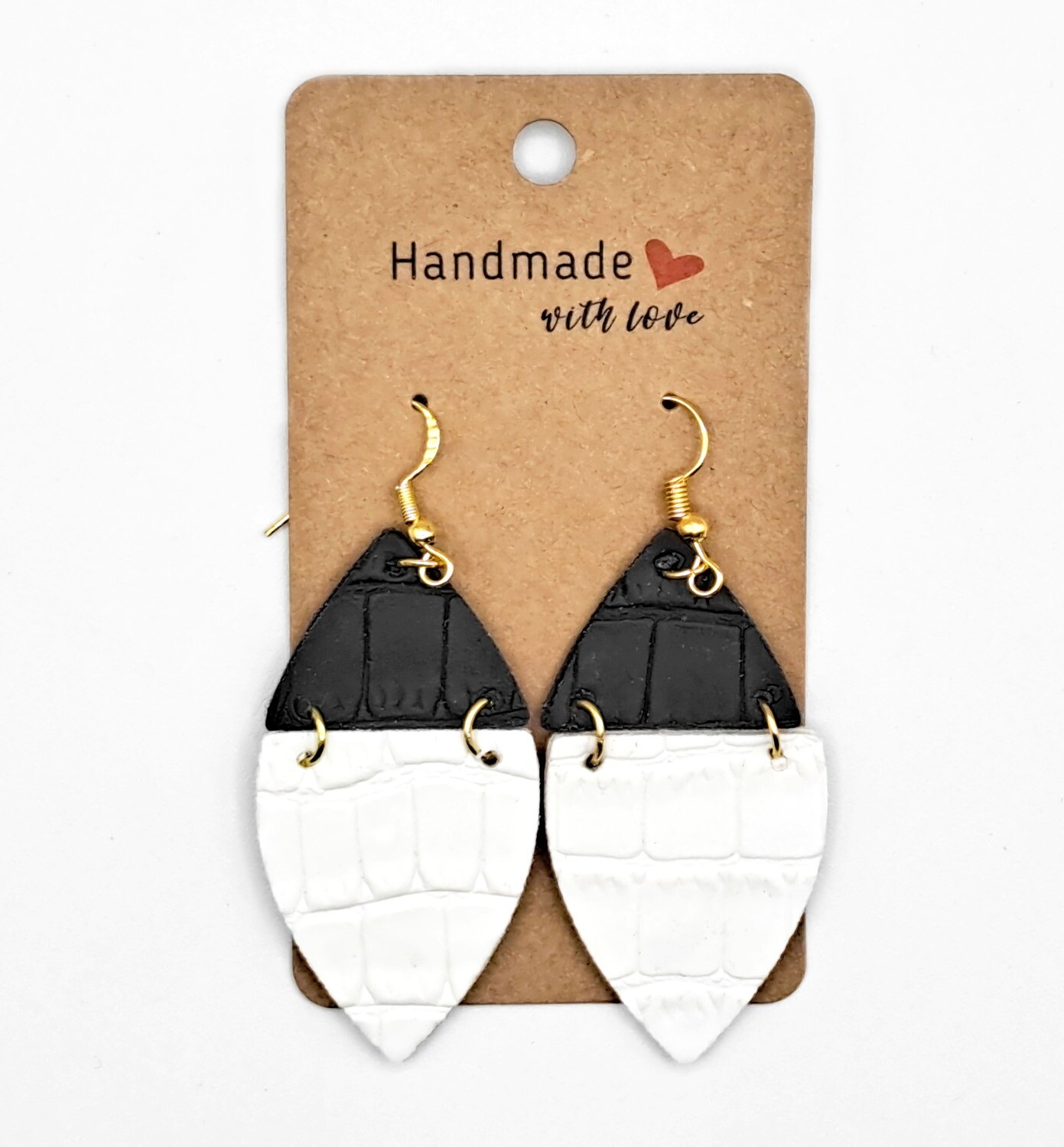 Handmade Black/White Faux Leather Triangular Shaped Earrings