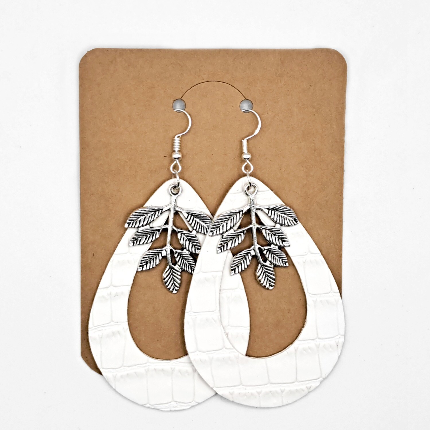 White Faux Hoops with Silver Leaf Charms Earrings