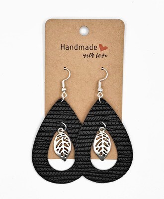 Black Faux Hoops with Silver Leaf Charms Earrings