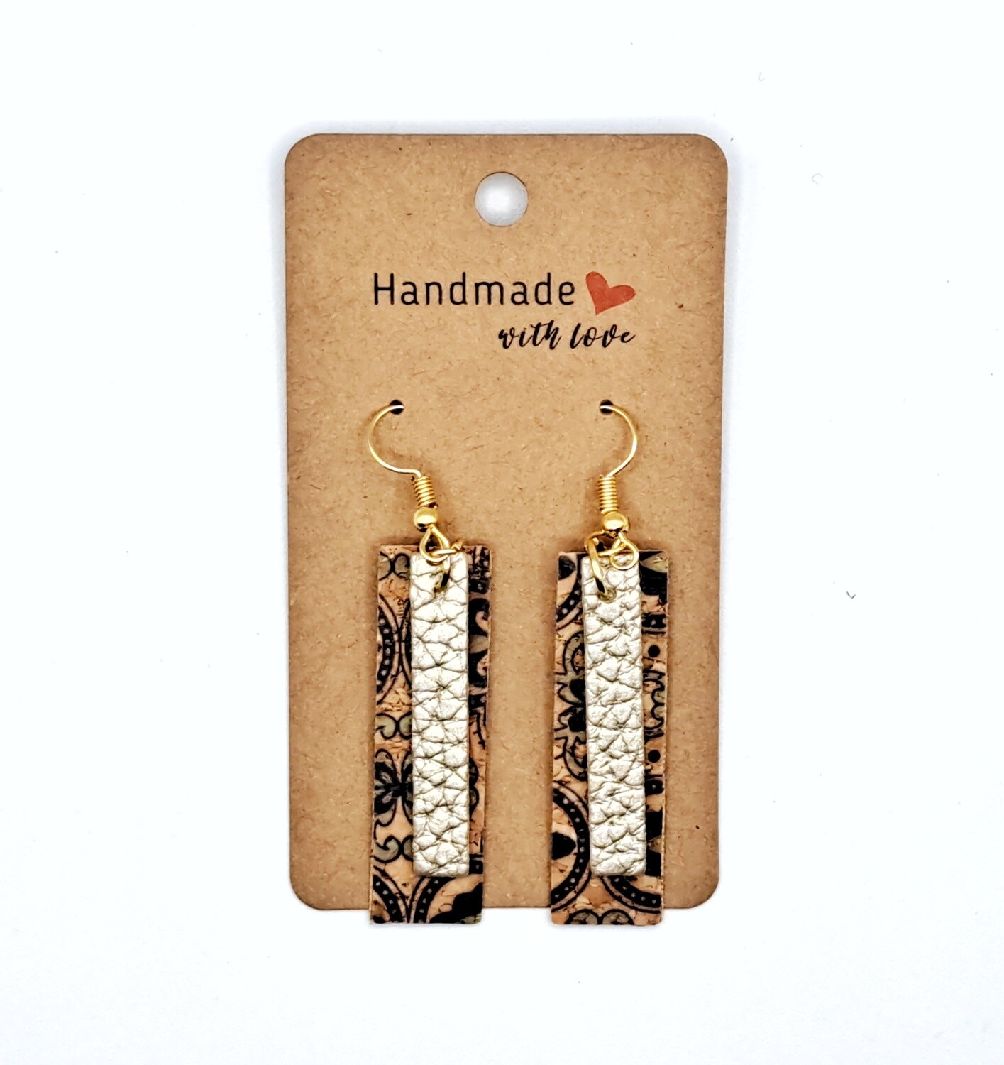 Handmade Metallic/Cork Faux Leather Layered Rectangle-Shaped Earrings