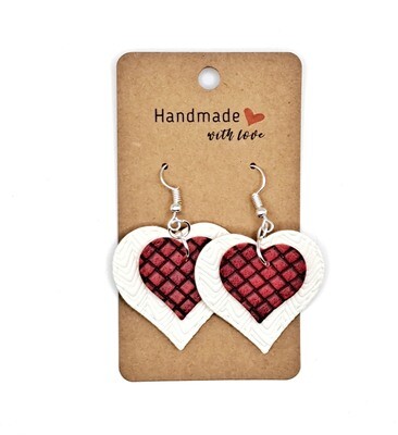 Handmade Faux Leather Layered Red & White Hearts Earrings Handmade Faux Leather Layered Red & White Hearts Earrings