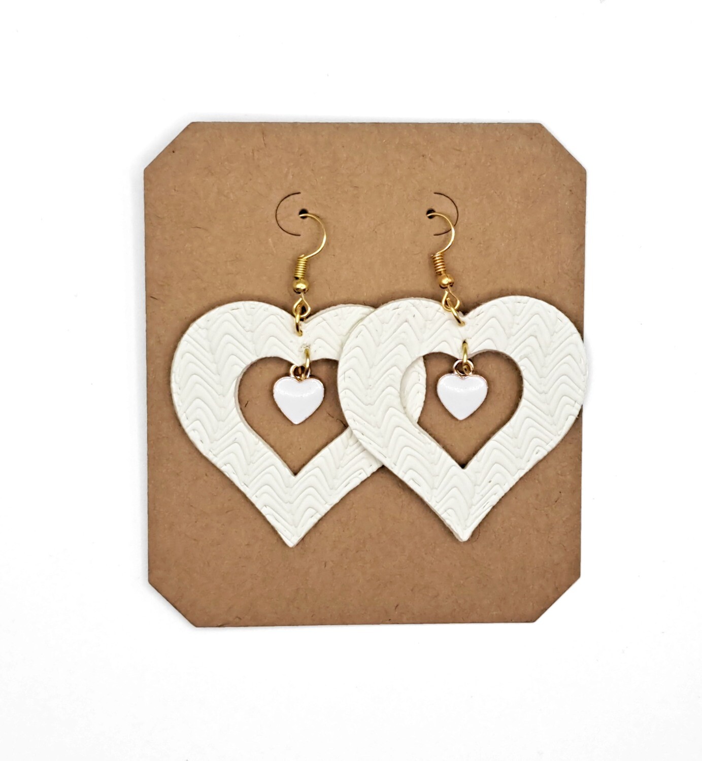 Handmade Faux Leather White Hearts Cut-out with Heart Charms Earrings