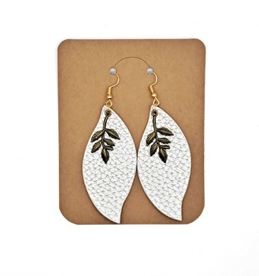 Handmade Silver Faux Leather with Leaf Charm Earrings