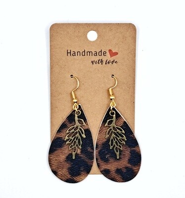 Handmade Animal Print Faux Leather Teardrop w/Bronze Leaf Charms Earrings