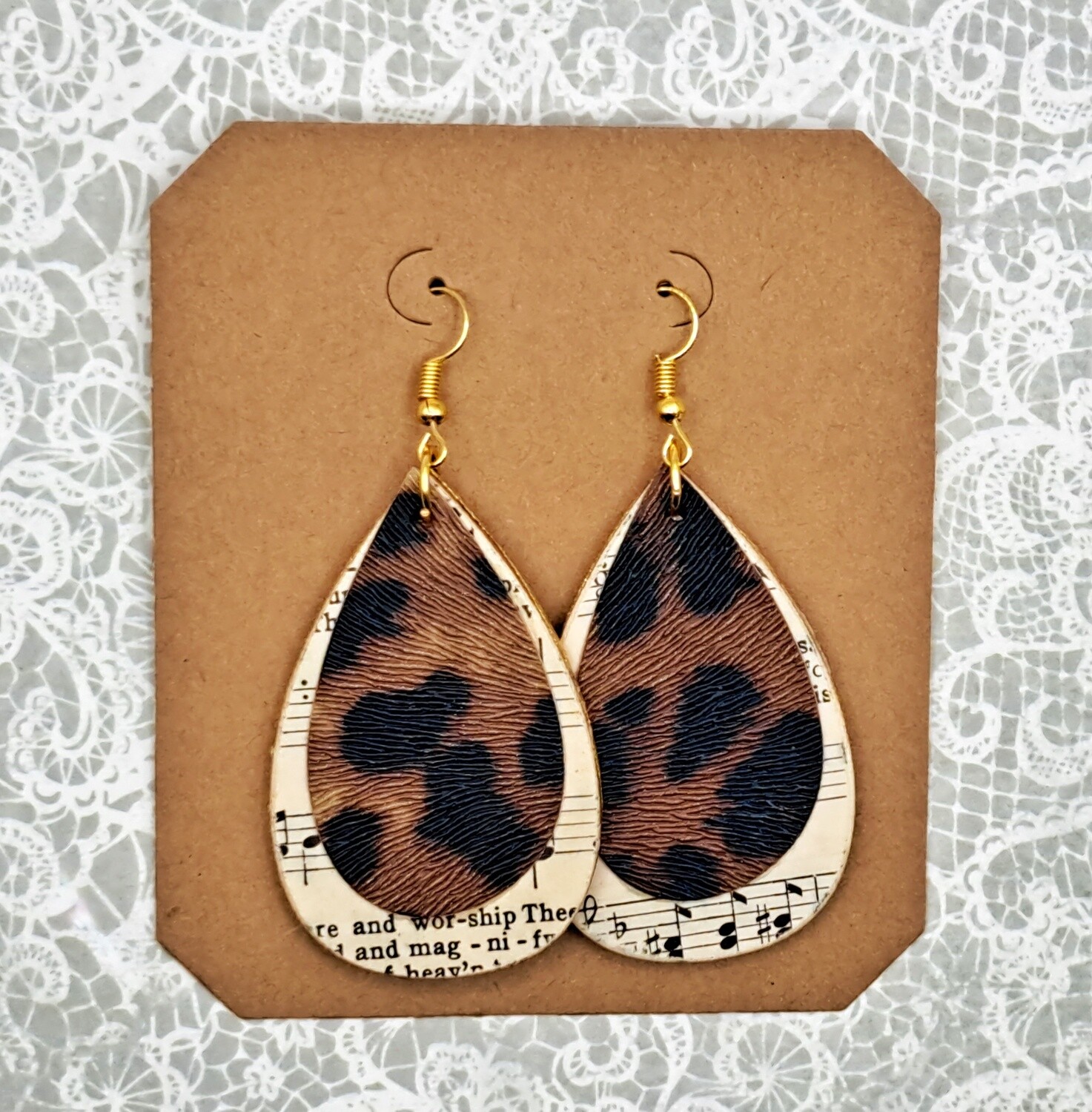 Handmade Animal Print Faux Leather/Wooden Teardrops Earrings