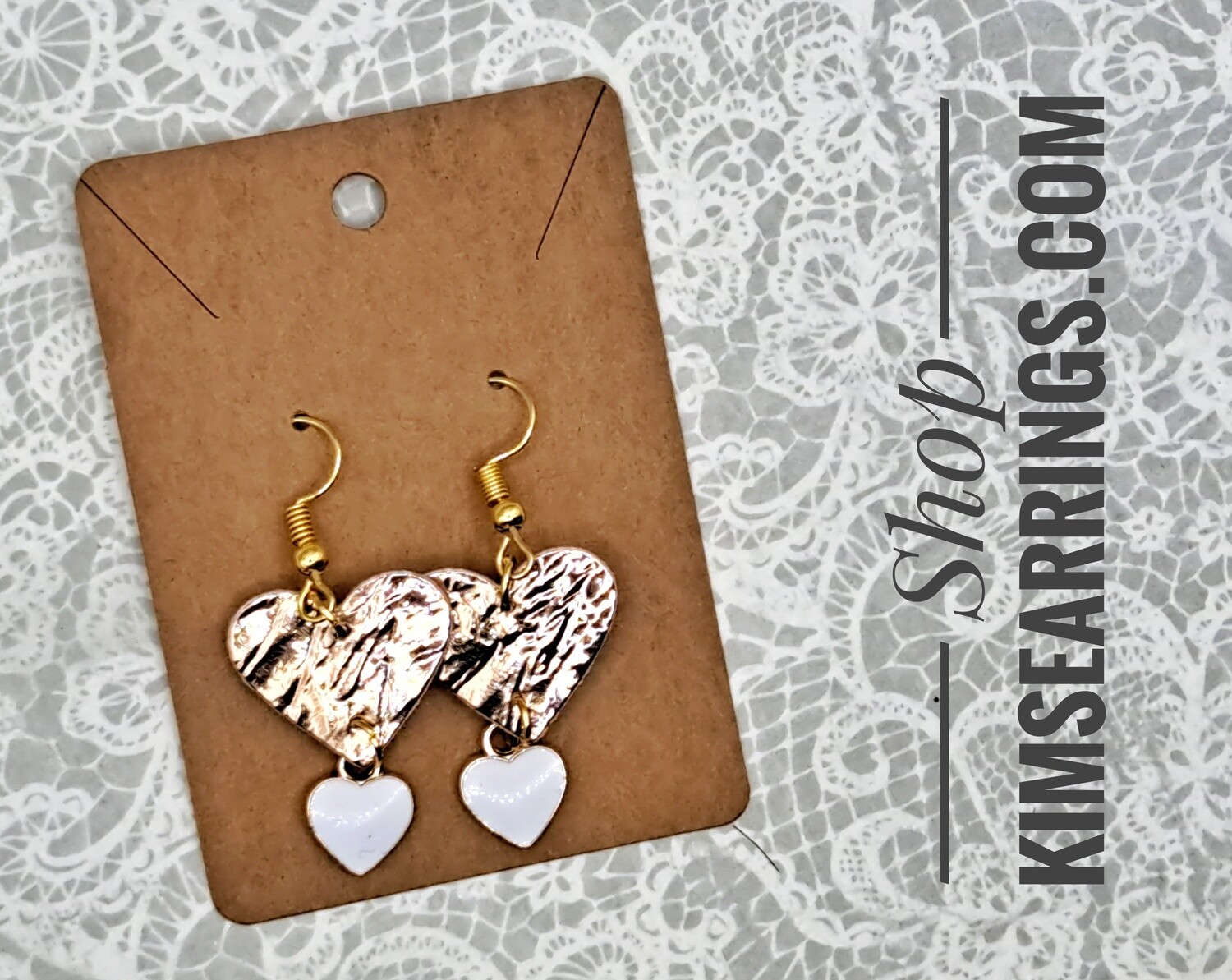 Handmade Rose Gold Foil Faux Leather with White Cut Heart Charms Earrings