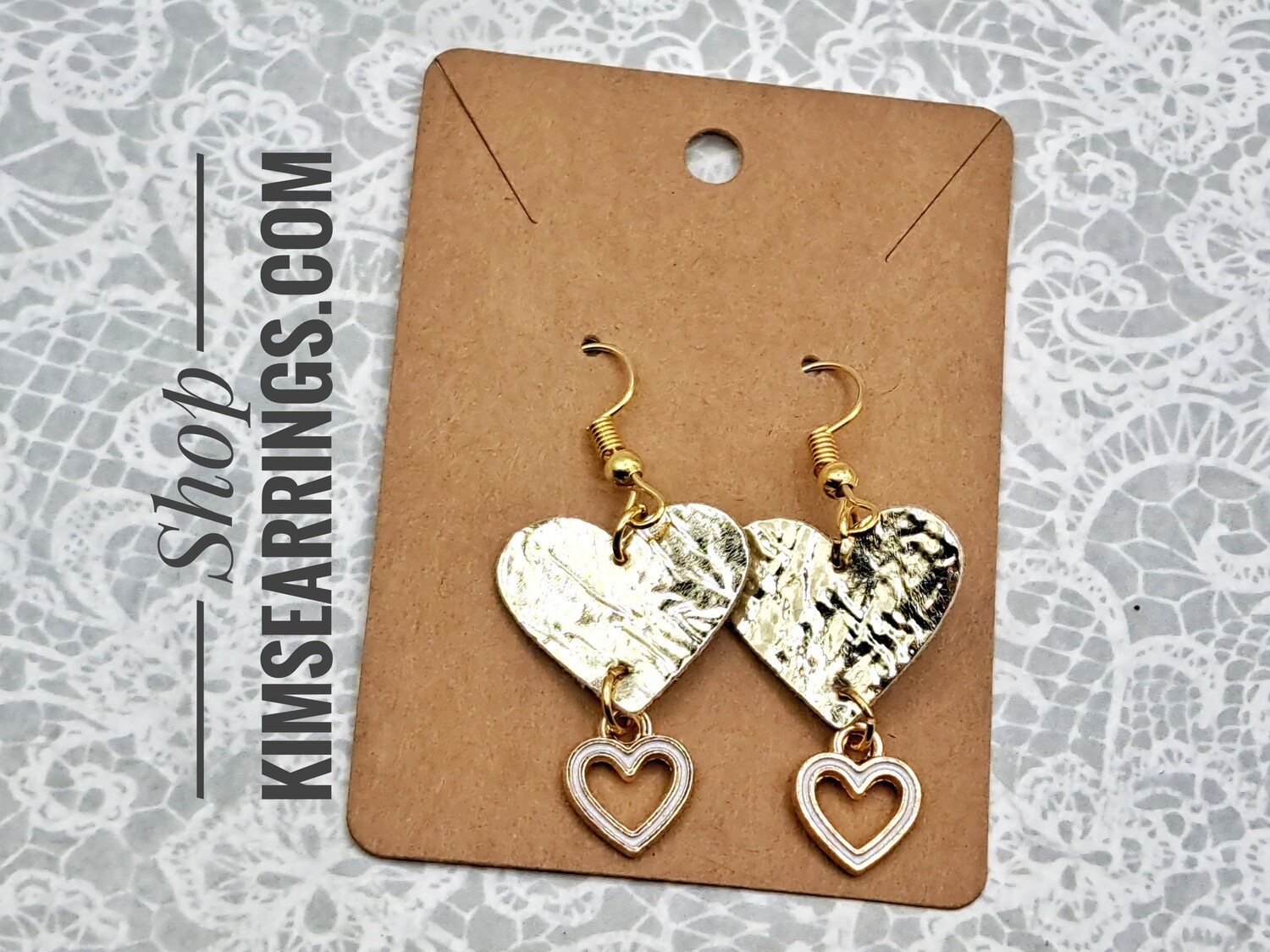 Handmade Gold Foil Faux Leather with White Cut-out Heart Charms Earrings
