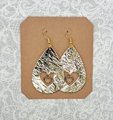 Handmade Gold or Rose Gold Foil Faux Leather with White Cut Heart Charms Teardrop Earrings (2 Colors)