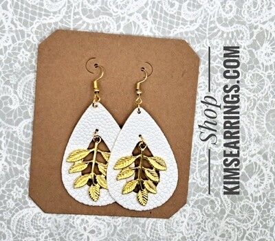 White Faux Hoops with Gold Leaf Charms Earrings White Faux Hoops with Gold Leaf Charms Earrings