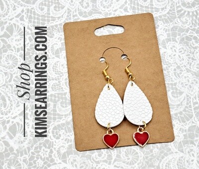 Handmade White Faux Leather Teardrop Earrings with Hanging Red Heart Charms