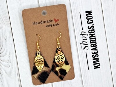 Handmade Diamond Shaped Animal Print Faux Leather Earrings with Gold Leaf Charms