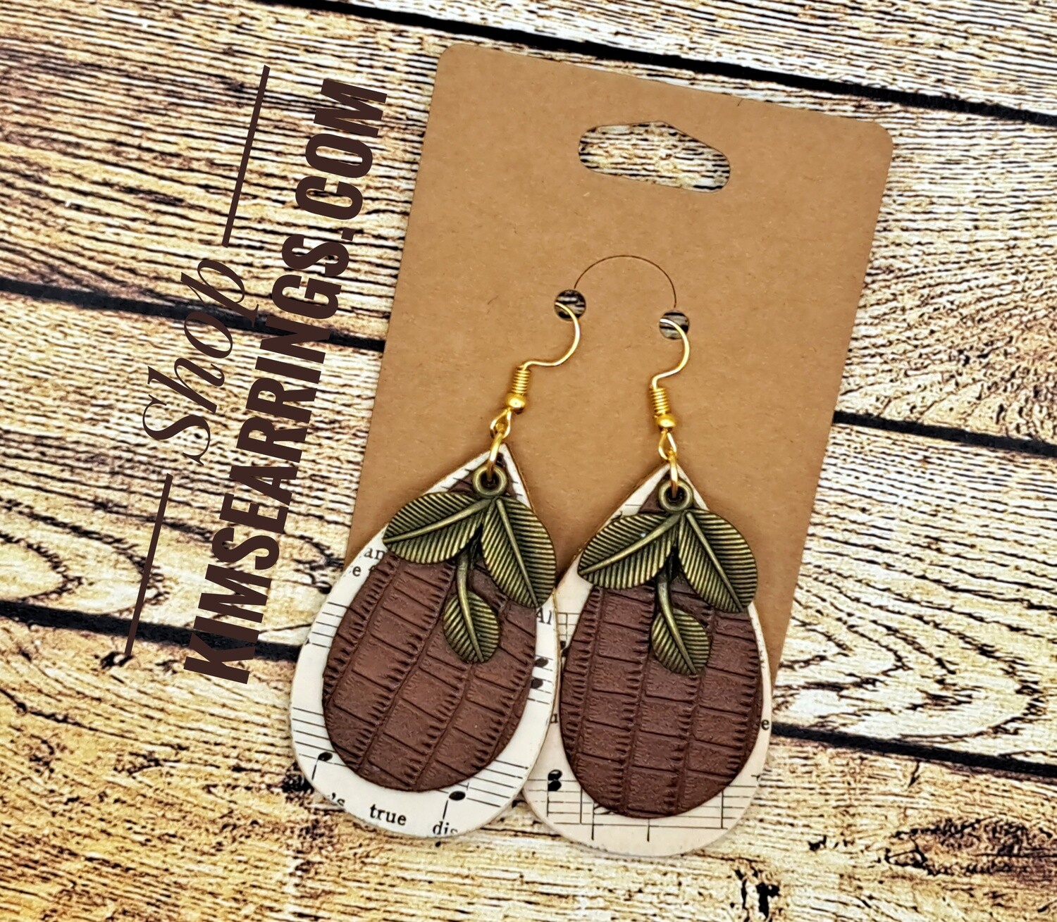 Handmade Wooden Teardrops w/Hymnals, Brown Faux Leather & Leaves Charms