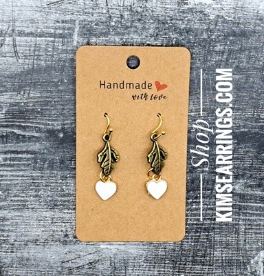 Handmade Bronze Leaves Charms with Hearts Earrings