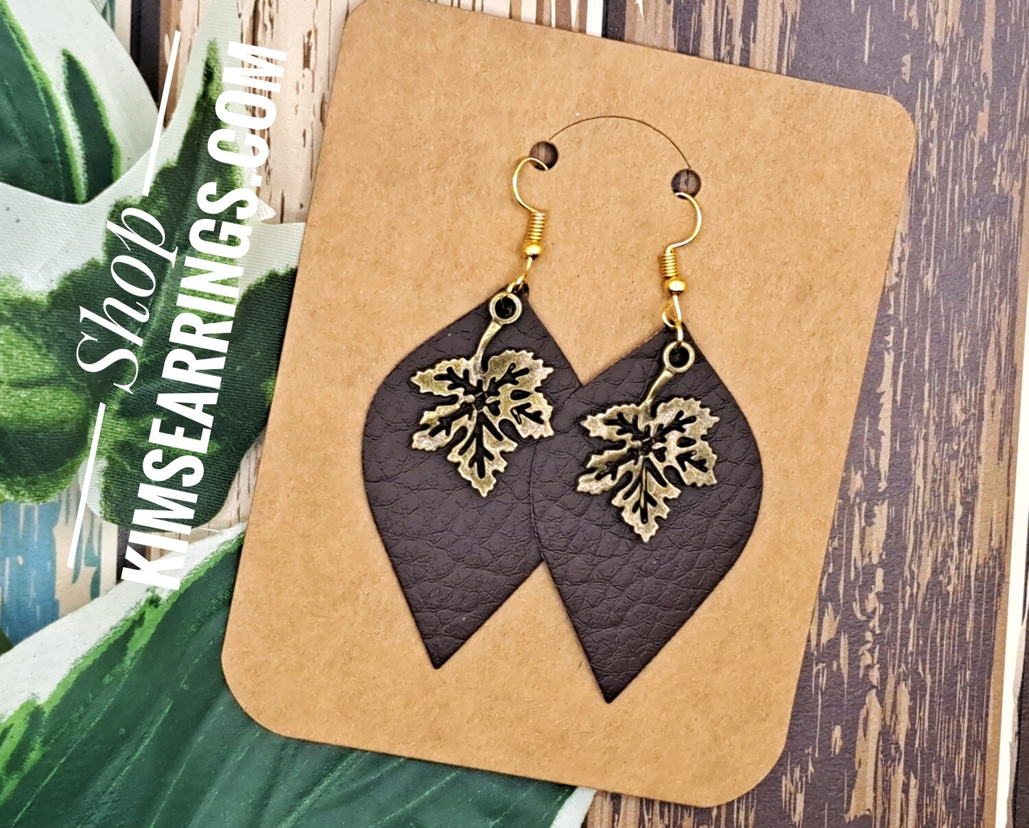 Handmade Large Leaf  Shaped Faux Leather with Bronze Leaf Charms Earrings