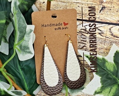 Handmade White/Brown Layered Teardrop Faux Leather Earrings