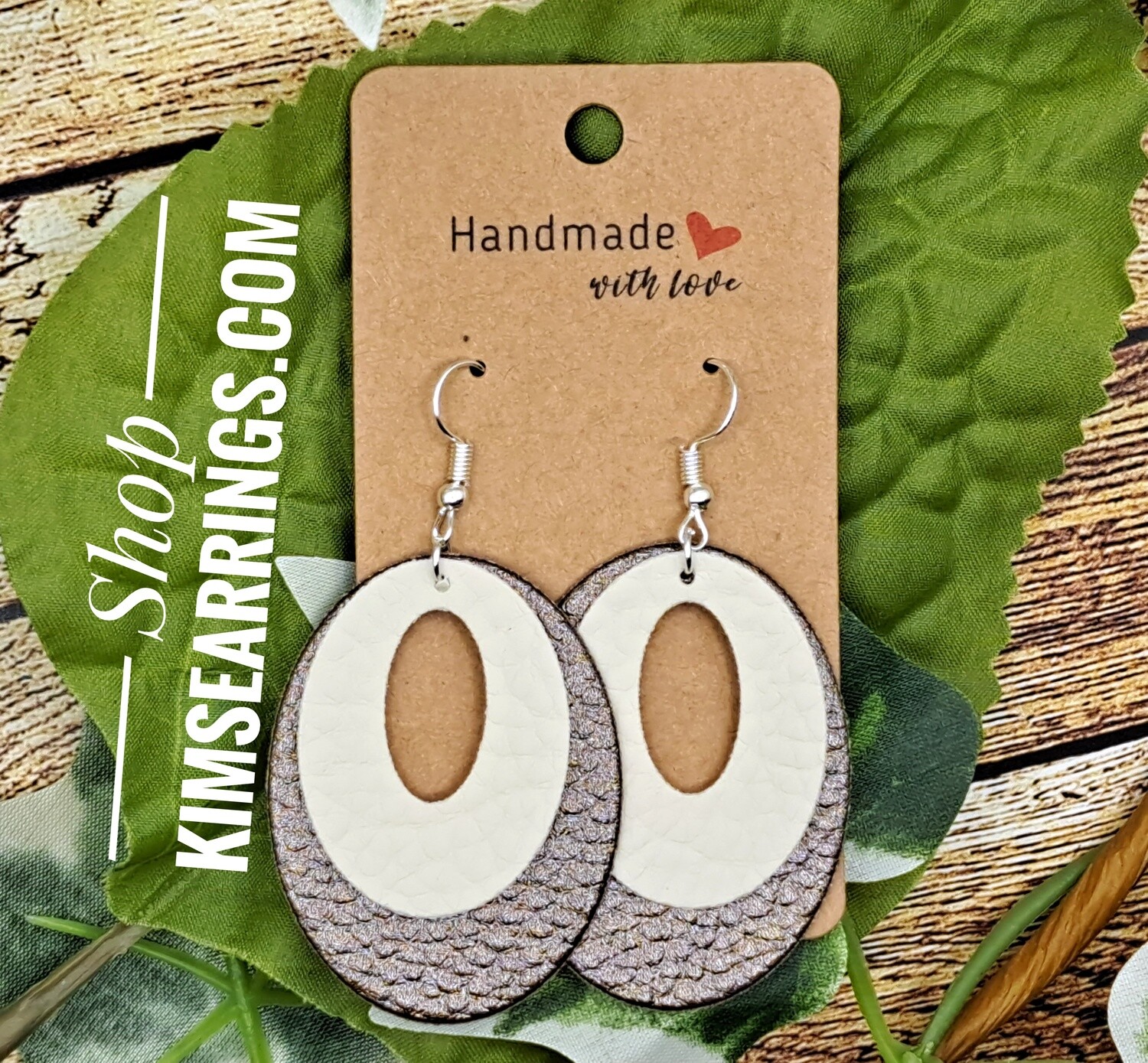 Handmade White/Brown Layered Hoops Faux Leather Earrings