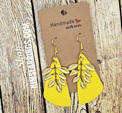 Handmade Sunny Yellow Asymmetrical Diamond  Shaped Faux Leather Earrings with Gold Leaf Charms